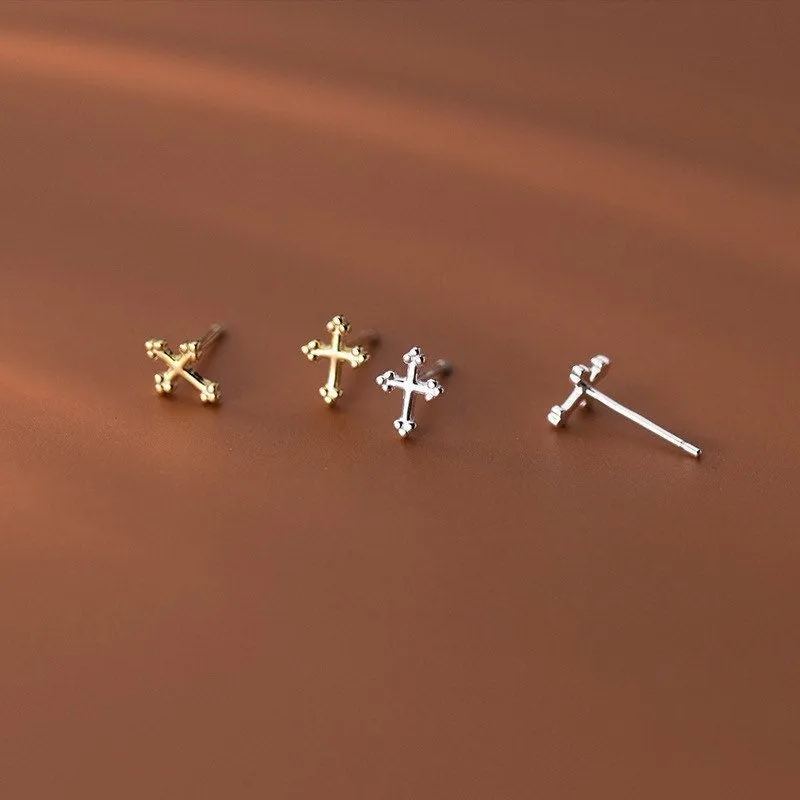 Tiny Cross in Sterling Silver-Religious Earrings-SS042