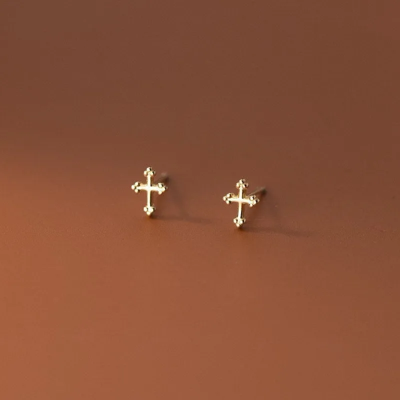 Tiny Cross in Sterling Silver-Religious Earrings-SS042