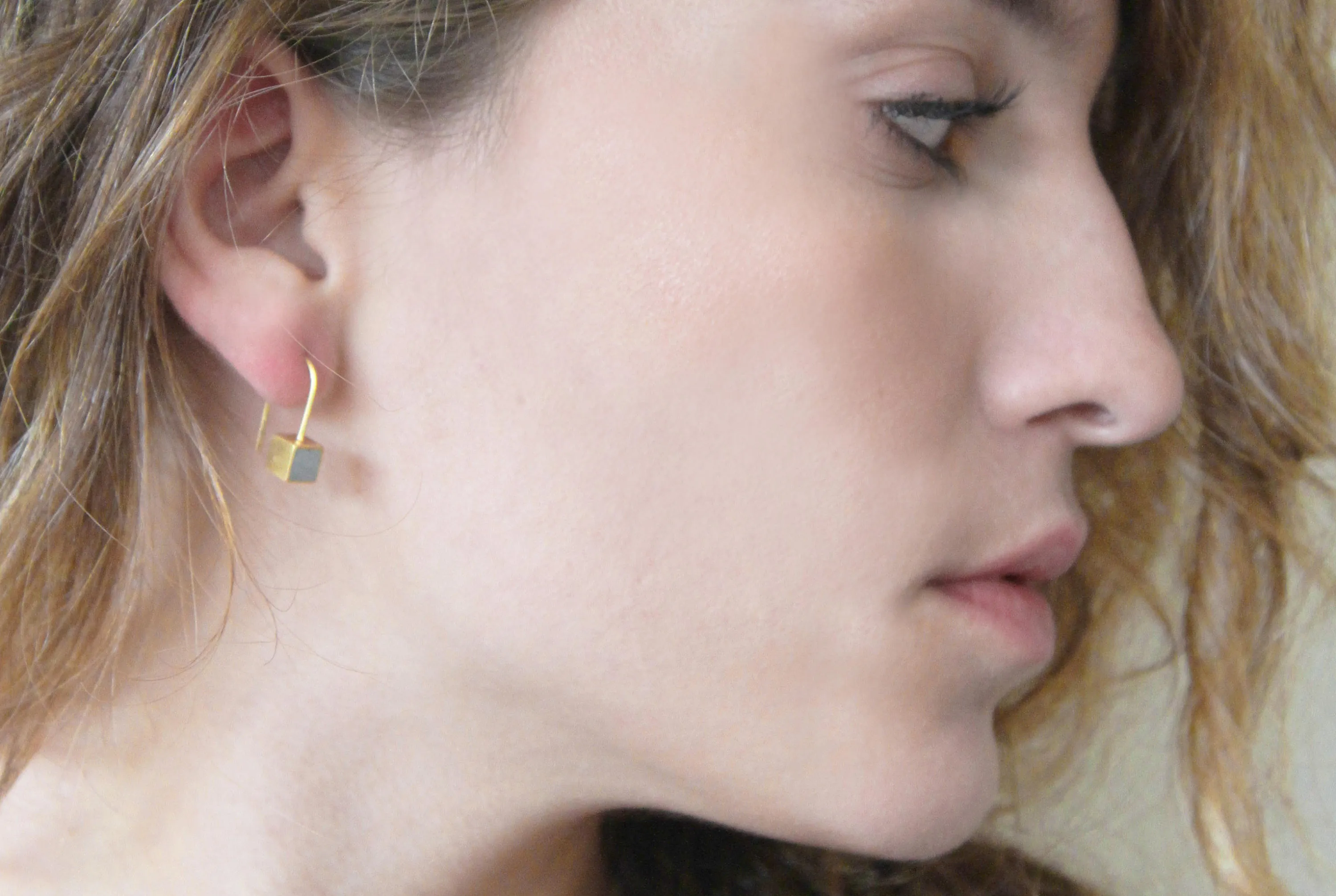 Tiny cube Gold & Concrete dangle Earrings with Gold leaf