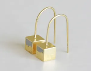 Tiny cube Gold & Concrete dangle Earrings with Gold leaf