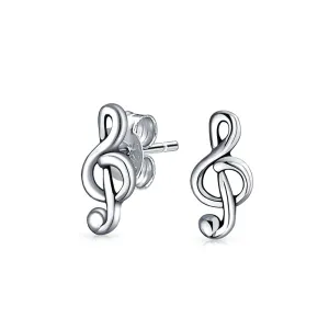 Tiny Delicate Music G Treble Clef Note Stud Earrings Musician Sterling Silver