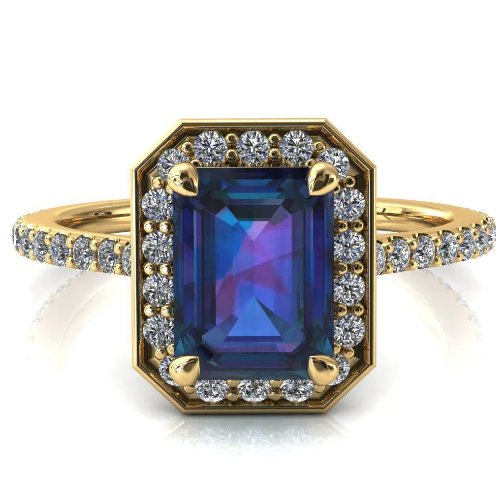 Valma Emerald Alexandrite Floating Diamond Halo and Sides Ring