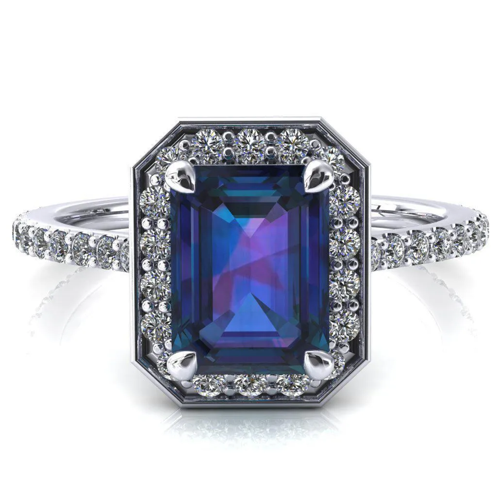 Valma Emerald Alexandrite Floating Diamond Halo and Sides Ring