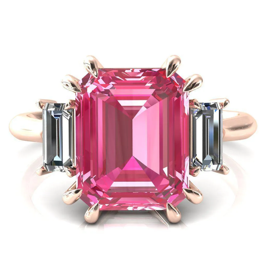 Venice Emerald Pink Sapphire with Diamond Baguette 3 Stone Ring
