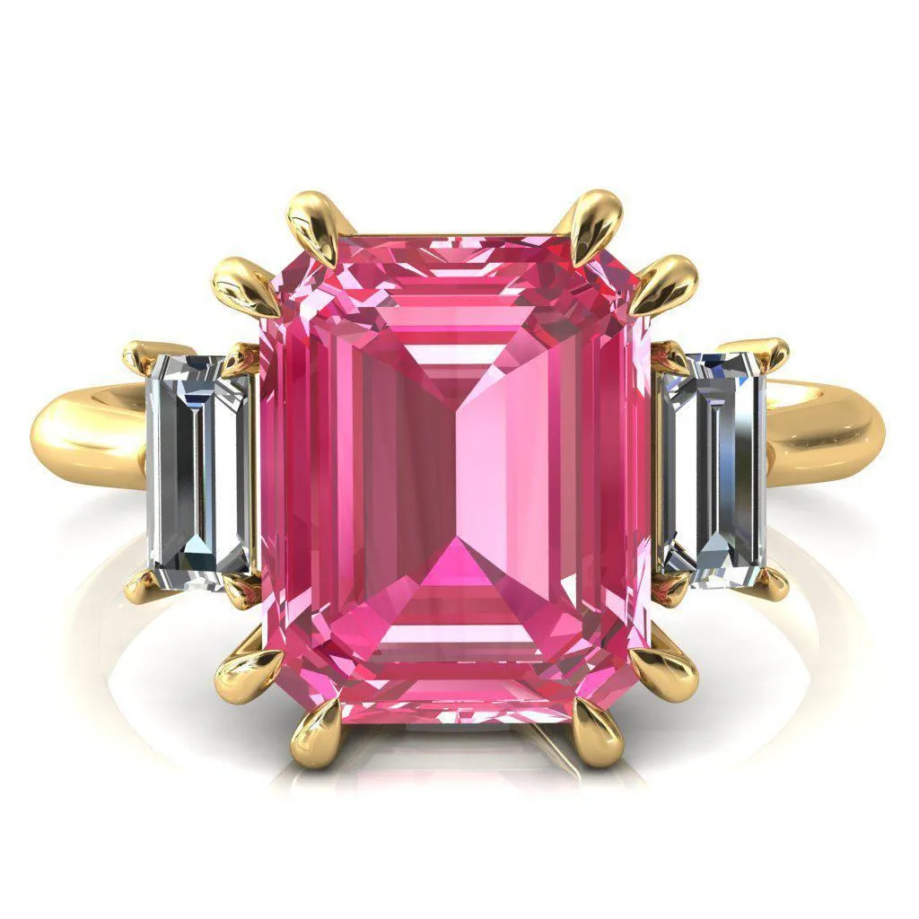 Venice Emerald Pink Sapphire with Diamond Baguette 3 Stone Ring