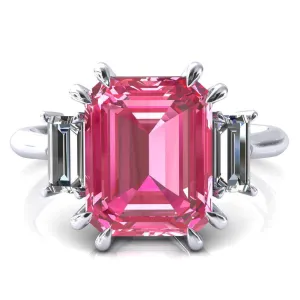 Venice Emerald Pink Sapphire with Diamond Baguette 3 Stone Ring