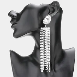Very Long Clear Teardrop Accented Rhinestone Fringe Statement Earrings | Pageant Earrings |  576044