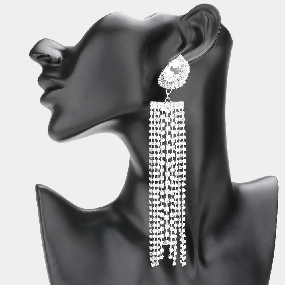 Very Long Clear Teardrop Accented Rhinestone Fringe Statement Earrings | Pageant Earrings |  576044