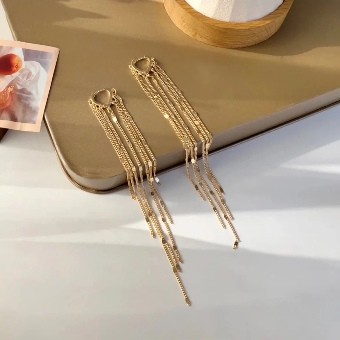 Very Long gold earrings , gold fringe earrings , large gold wedding earrings , big gold earrings , gold tassel earring chain