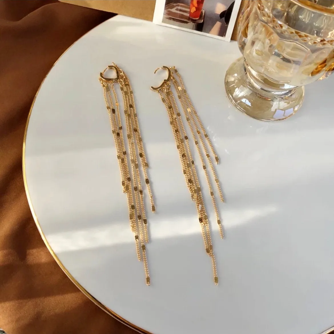 Very Long gold earrings , gold fringe earrings , large gold wedding earrings , big gold earrings , gold tassel earring chain