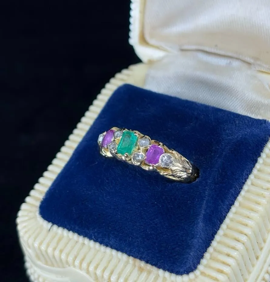 Victorian Emerald, Pink Sapphire & Diamond Ring