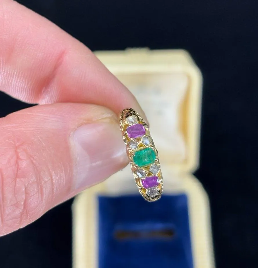 Victorian Emerald, Pink Sapphire & Diamond Ring