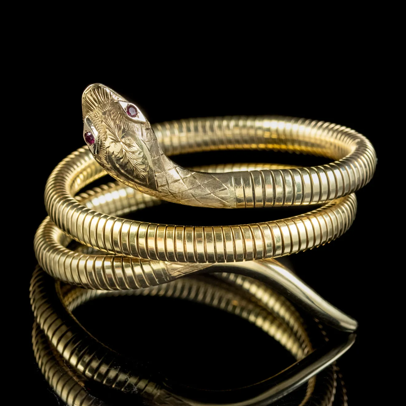 Victorian Style Snake Bangle 9ct Gold Ruby Eyes Dated 1989