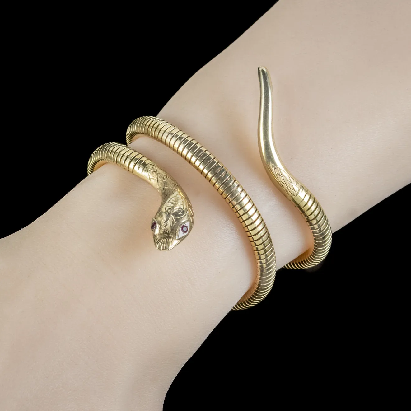 Victorian Style Snake Bangle 9ct Gold Ruby Eyes Dated 1989