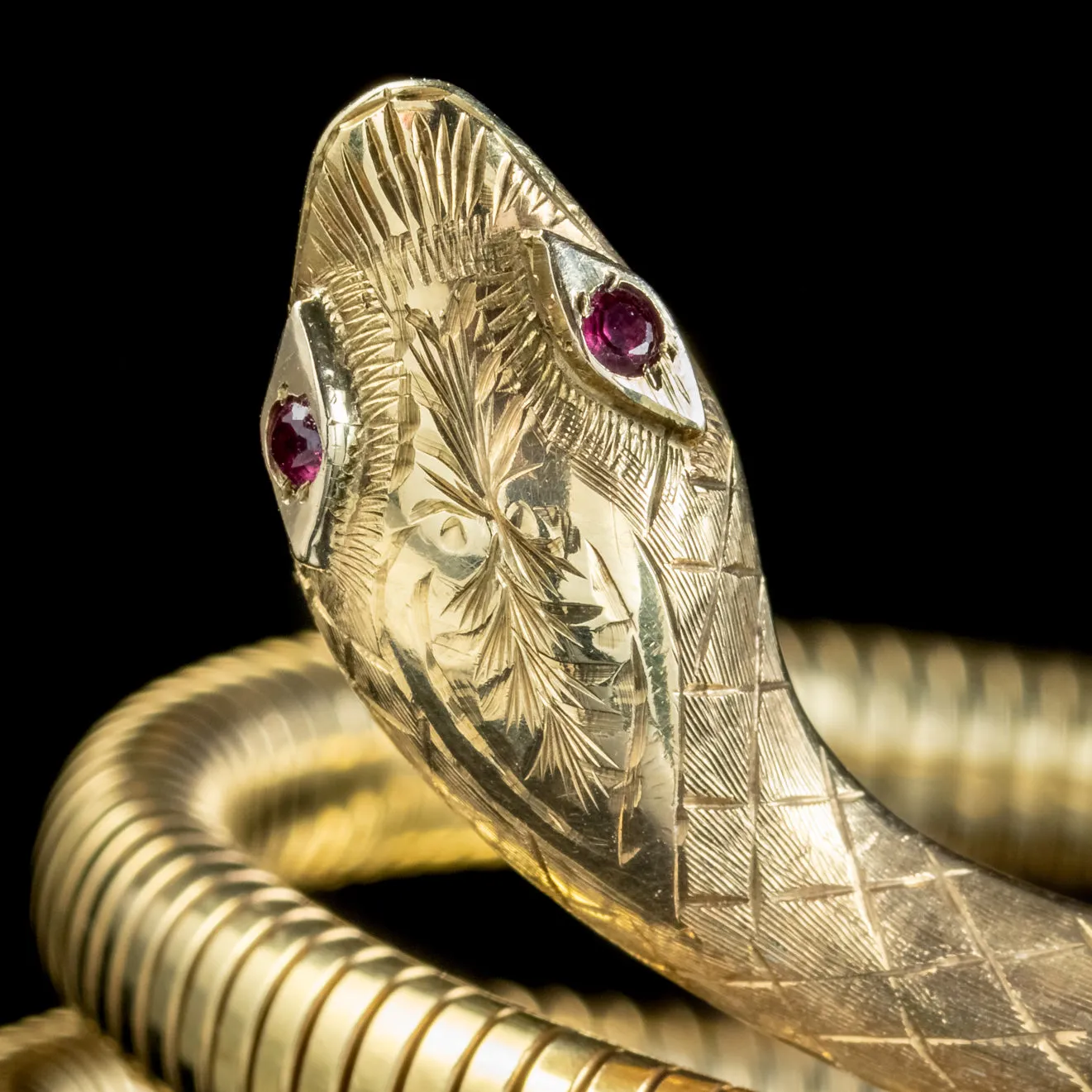 Victorian Style Snake Bangle 9ct Gold Ruby Eyes Dated 1989