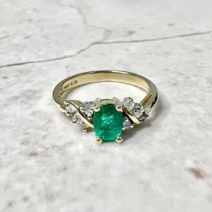 Vintage 14 Karat Yellow Gold Natural Diamond & Emerald Solitaire Ring