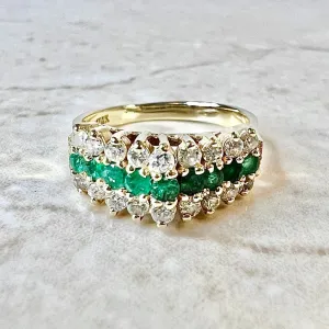 Vintage 14 Karat Yellow Gold Natural Emerald & Diamond Band Ring - Size 4.75 US / J UK