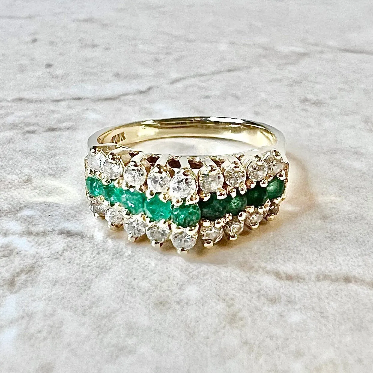 Vintage 14 Karat Yellow Gold Natural Emerald & Diamond Band Ring - Size 4.75 US / J UK