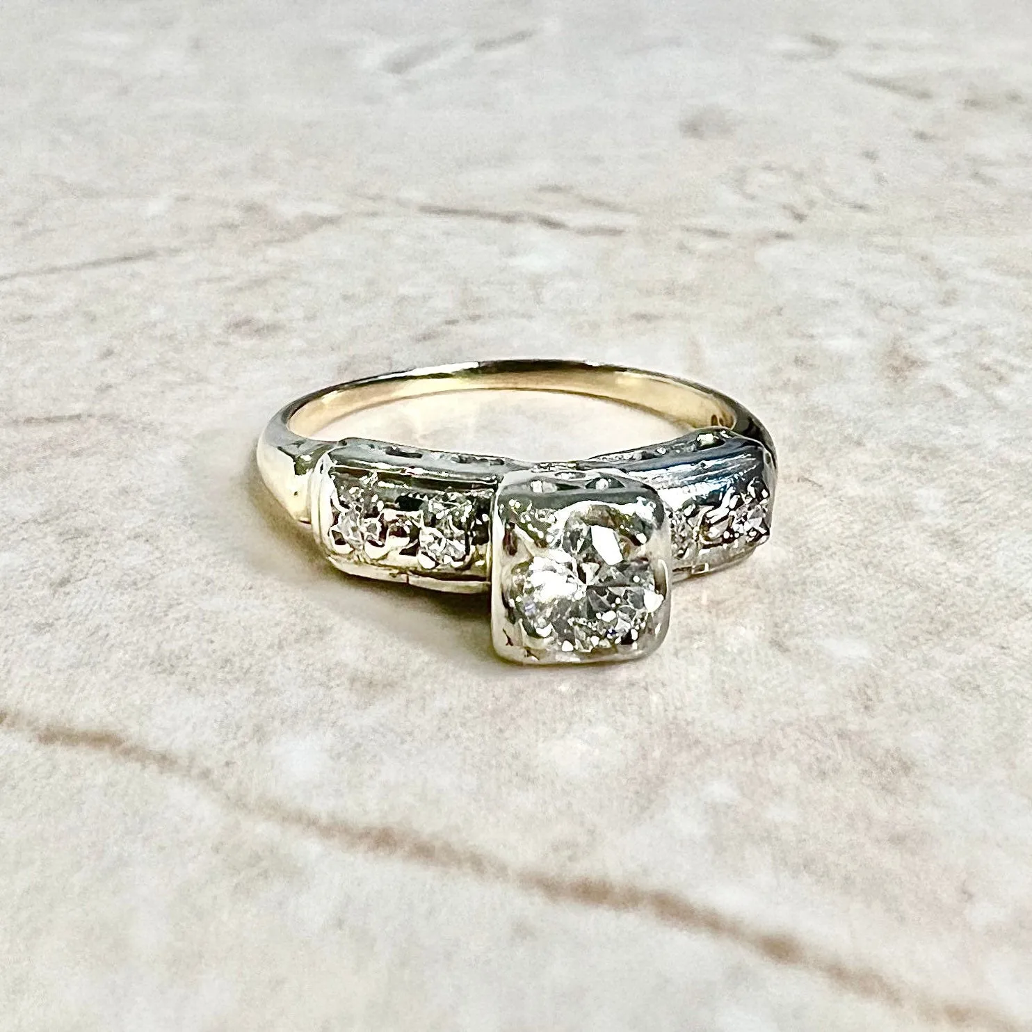 Vintage 1940’s Retro 14 Karat Yellow & White Gold 0.36 Carat Diamond Engagement Ring