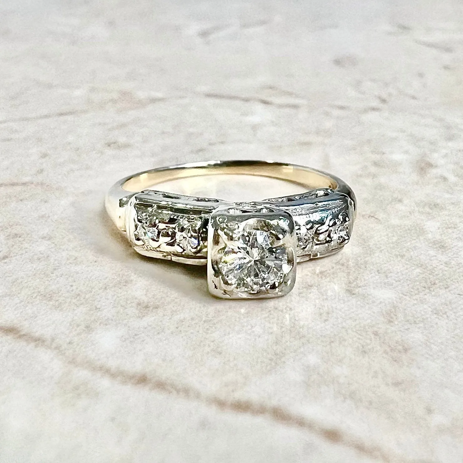 Vintage 1940’s Retro 14 Karat Yellow & White Gold 0.36 Carat Diamond Engagement Ring
