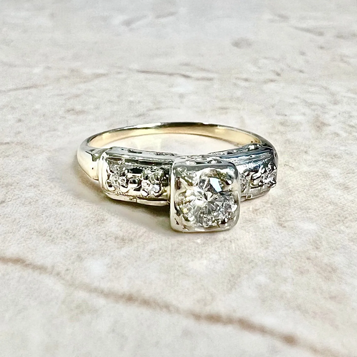 Vintage 1940’s Retro 14 Karat Yellow & White Gold 0.36 Carat Diamond Engagement Ring