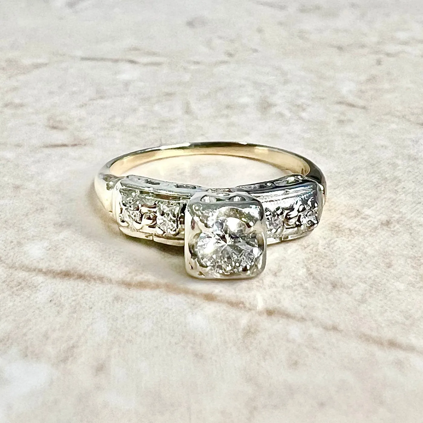 Vintage 1940’s Retro 14 Karat Yellow & White Gold 0.36 Carat Diamond Engagement Ring