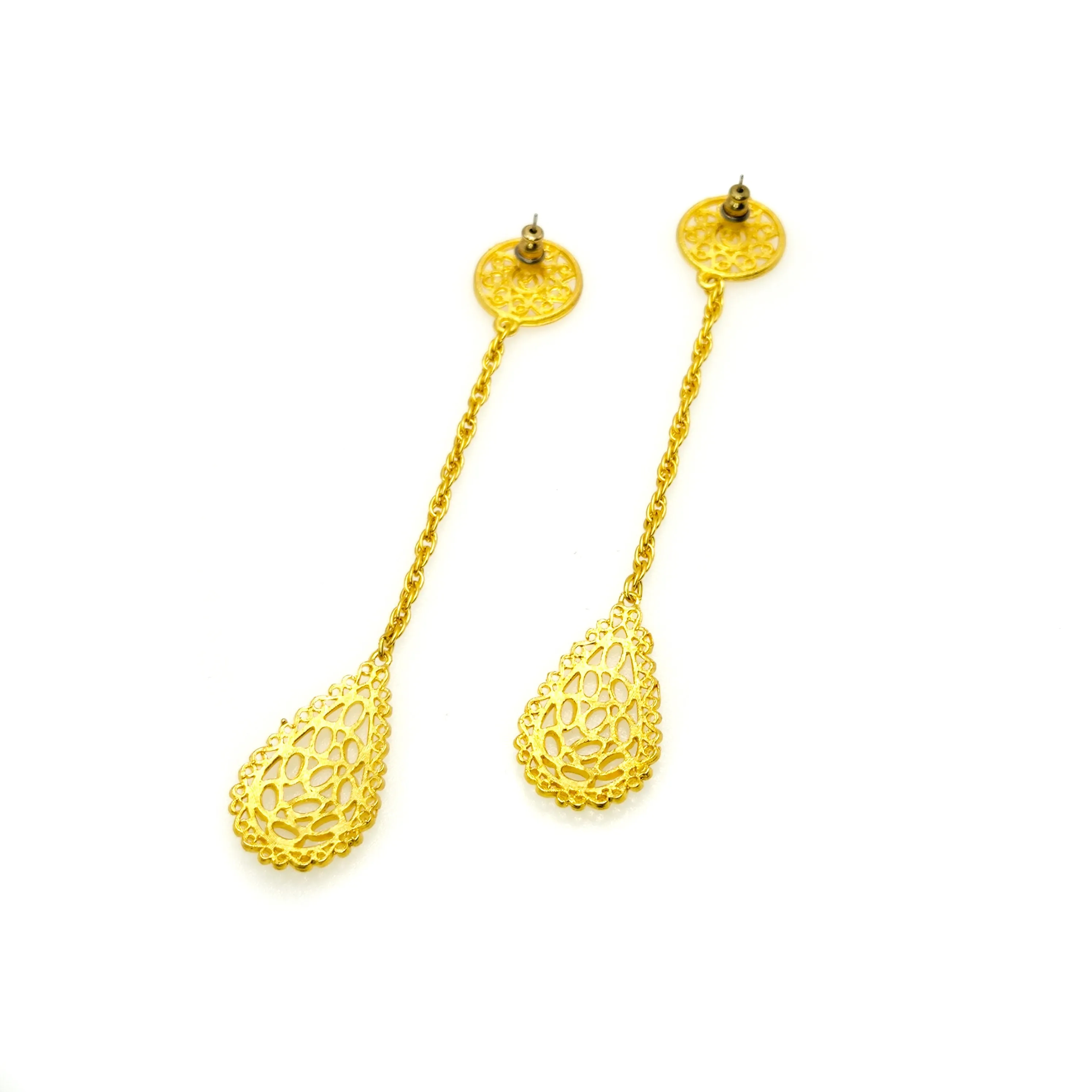 Vintage 1980s Gold Tone Statement Dangle Earrings - 80s Long Yellow Gold Tone Pierced Earrings