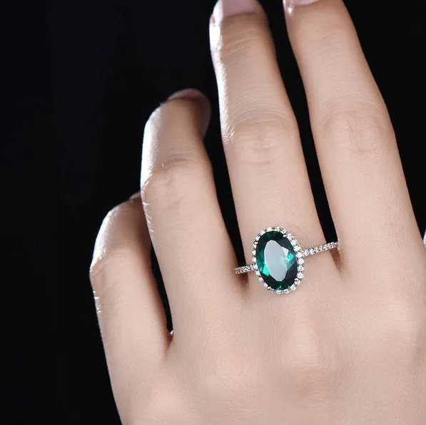 Vintage Emerald Wedding Ring With Diamond Halo 8x11 Oval Cut White Gold Half Eternity Diamond Band