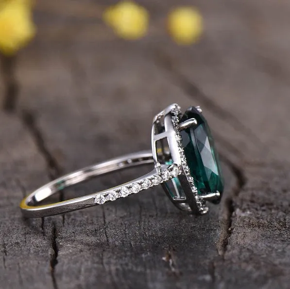 Vintage Emerald Wedding Ring With Diamond Halo 8x11 Oval Cut White Gold Half Eternity Diamond Band