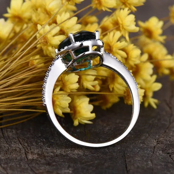 Vintage Emerald Wedding Ring With Diamond Halo 8x11 Oval Cut White Gold Half Eternity Diamond Band