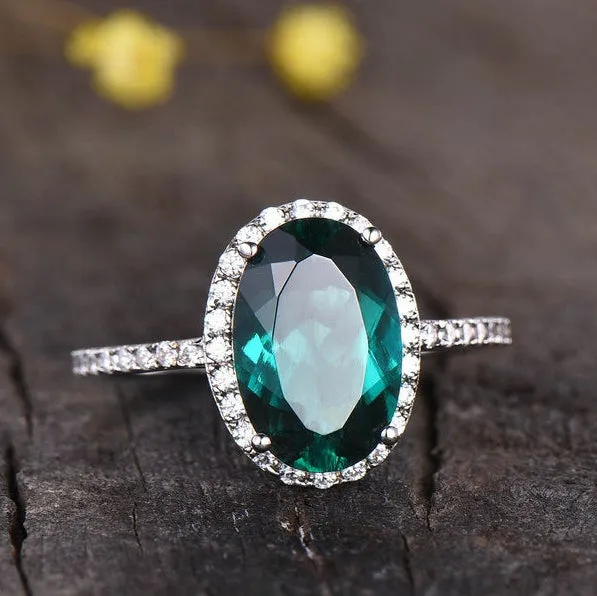 Vintage Emerald Wedding Ring With Diamond Halo 8x11 Oval Cut White Gold Half Eternity Diamond Band