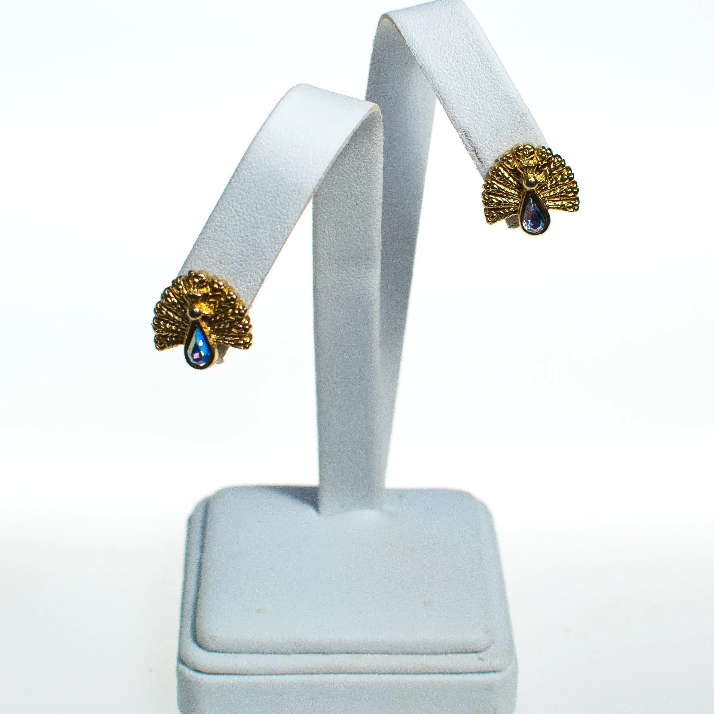 Vintage Gold Tone Peacock Earrings with Aurora Borealis Iridescent Blue Rhinestone, Pierced Post Earrings