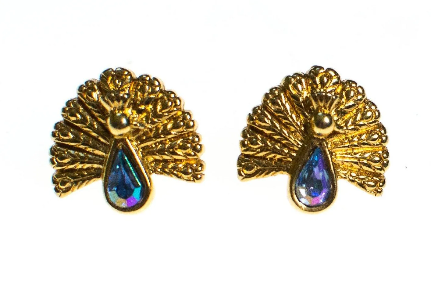 Vintage Gold Tone Peacock Earrings with Aurora Borealis Iridescent Blue Rhinestone, Pierced Post Earrings