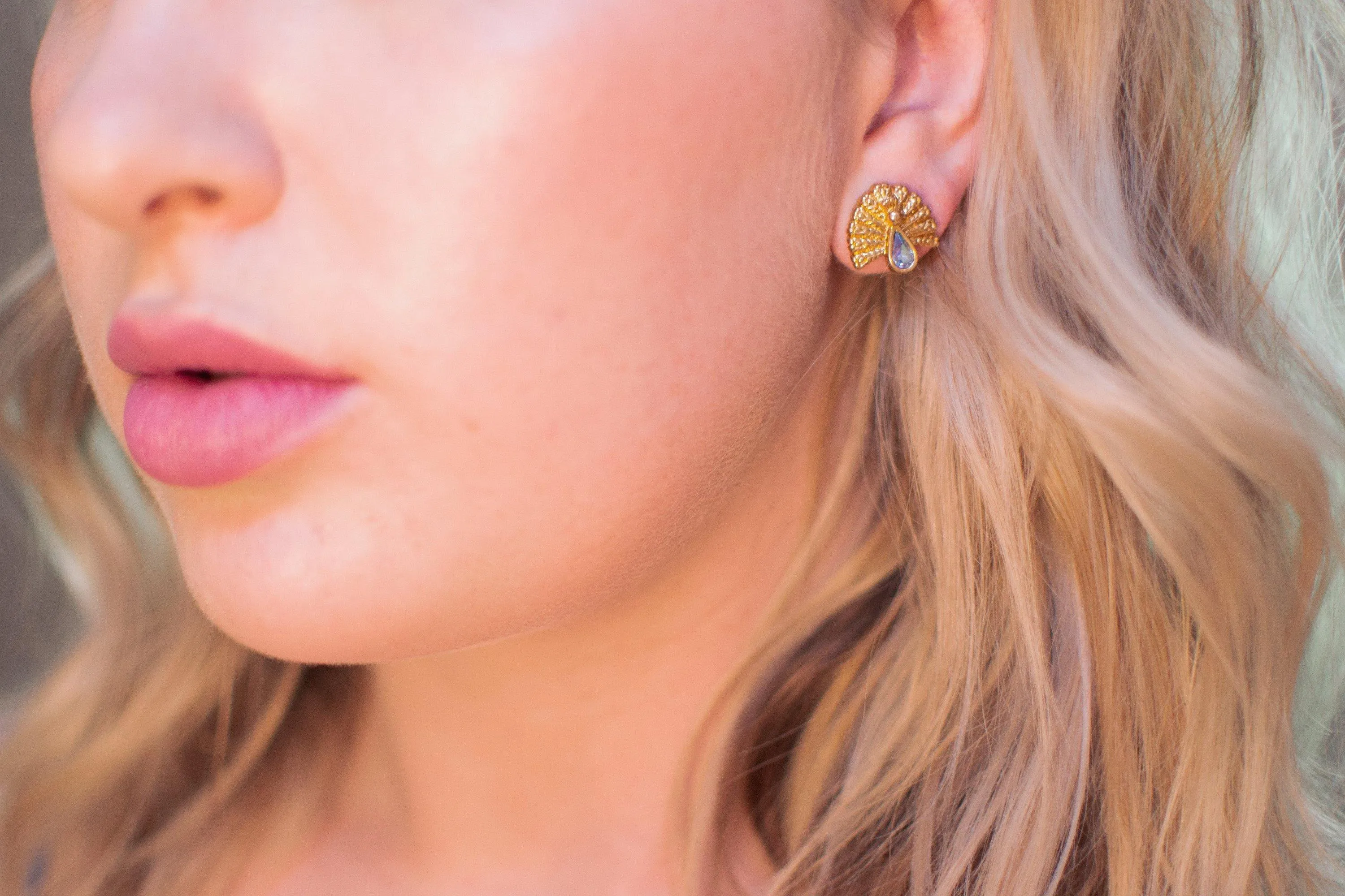 Vintage Gold Tone Peacock Earrings with Aurora Borealis Iridescent Blue Rhinestone, Pierced Post Earrings