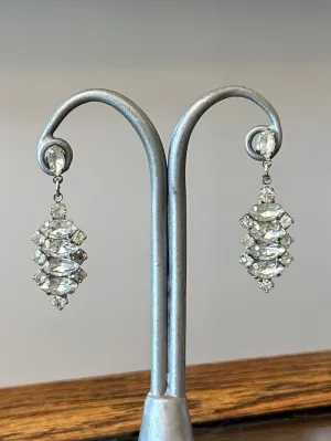 Vintage Midcentury Faceted Marquise & Round Rhinestone Cluster Silver Tone Pierced Dangle Drop Earrings