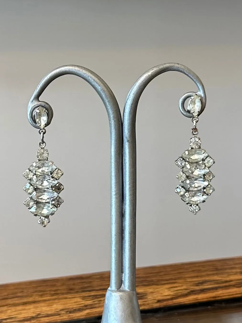 Vintage Midcentury Faceted Marquise & Round Rhinestone Cluster Silver Tone Pierced Dangle Drop Earrings