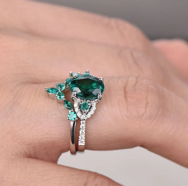 Vintage  Oval Emerald Engagement Ring White Gold Women Bridal Set 1.2 Carat