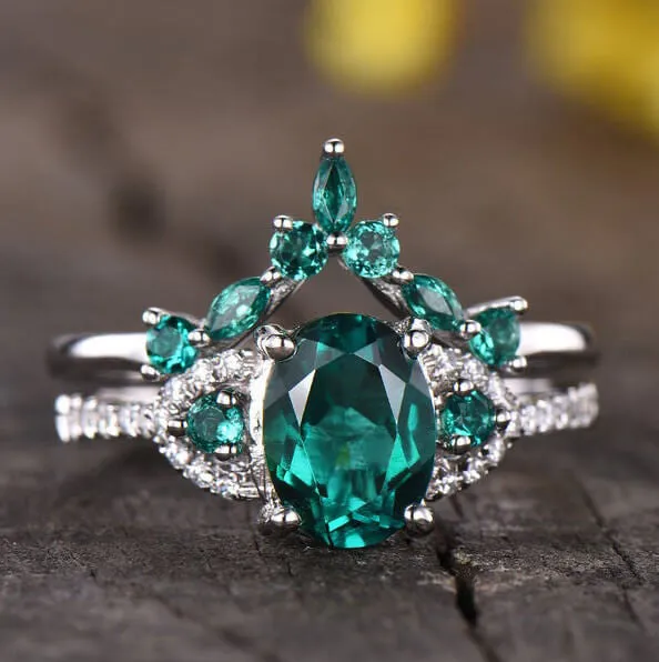 Vintage  Oval Emerald Engagement Ring White Gold Women Bridal Set 1.2 Carat