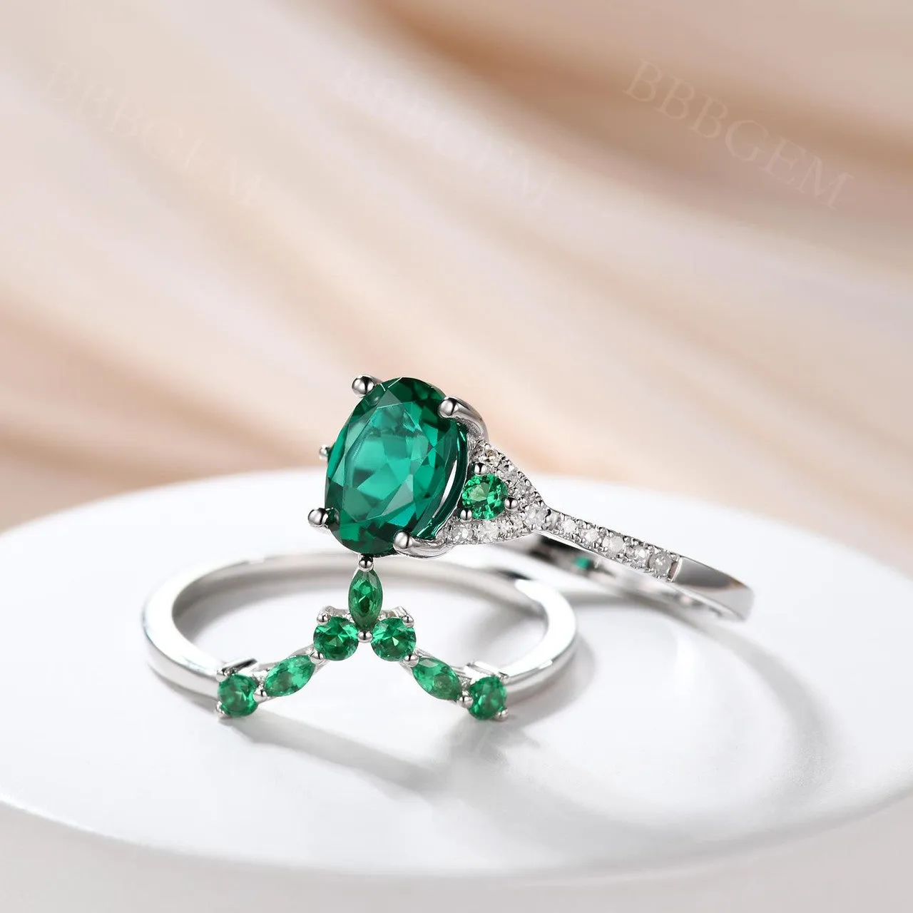 Vintage  Oval Emerald Engagement Ring White Gold Women Bridal Set 1.2 Carat