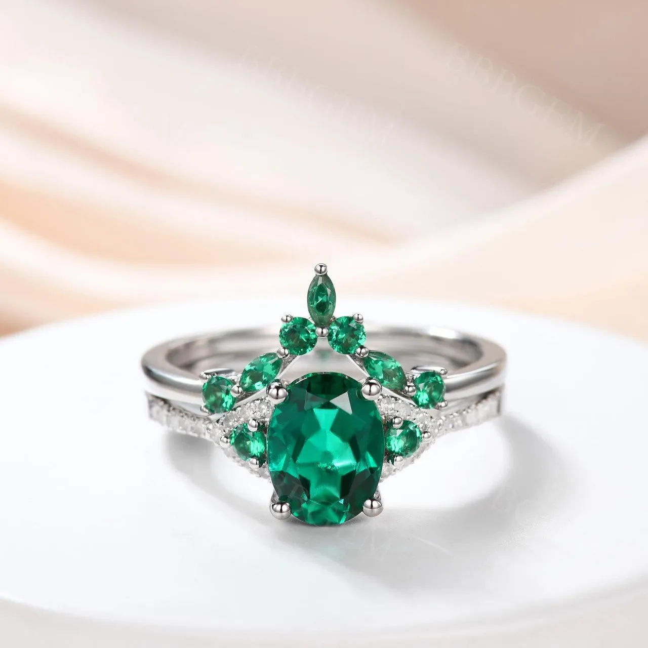 Vintage  Oval Emerald Engagement Ring White Gold Women Bridal Set 1.2 Carat