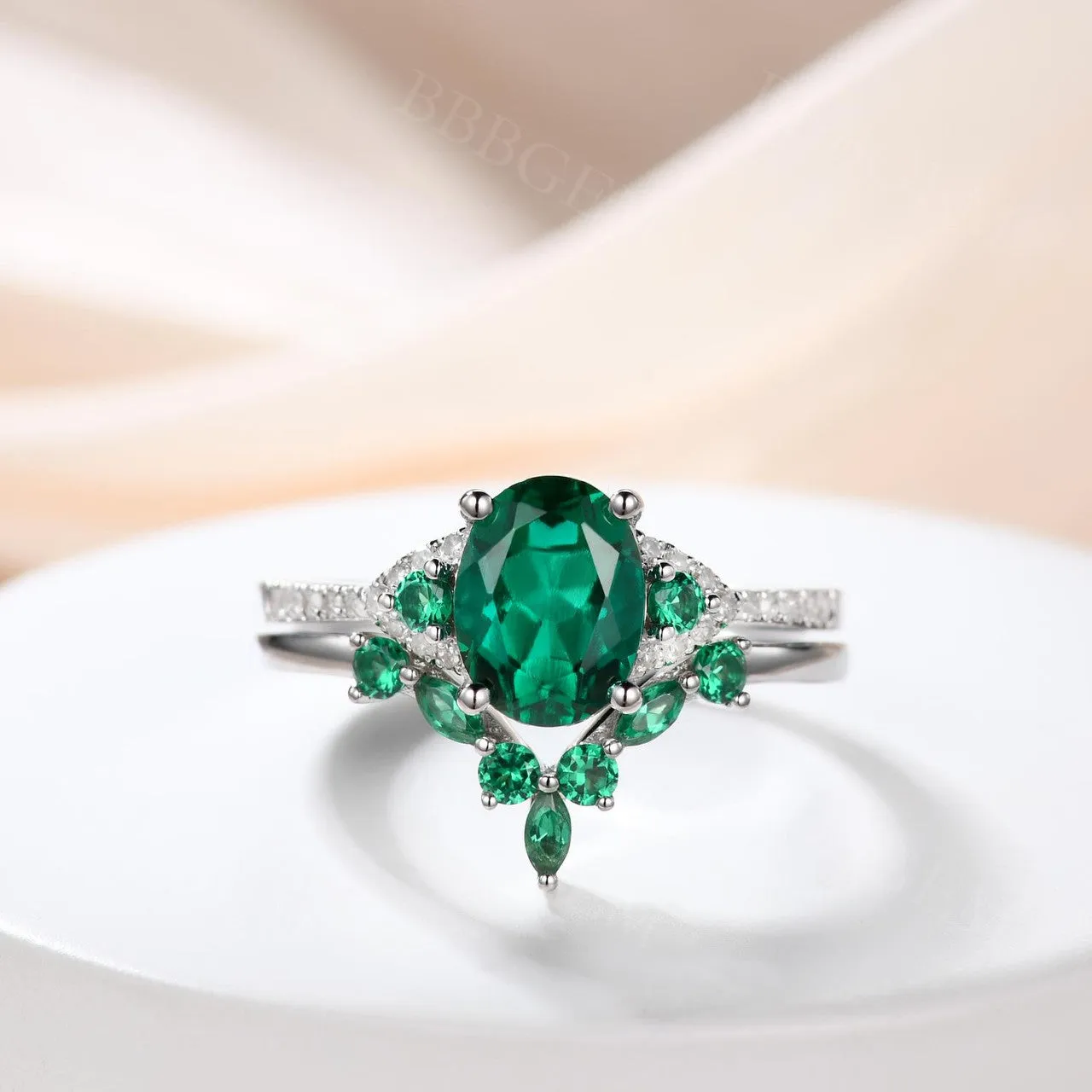 Vintage  Oval Emerald Engagement Ring White Gold Women Bridal Set 1.2 Carat