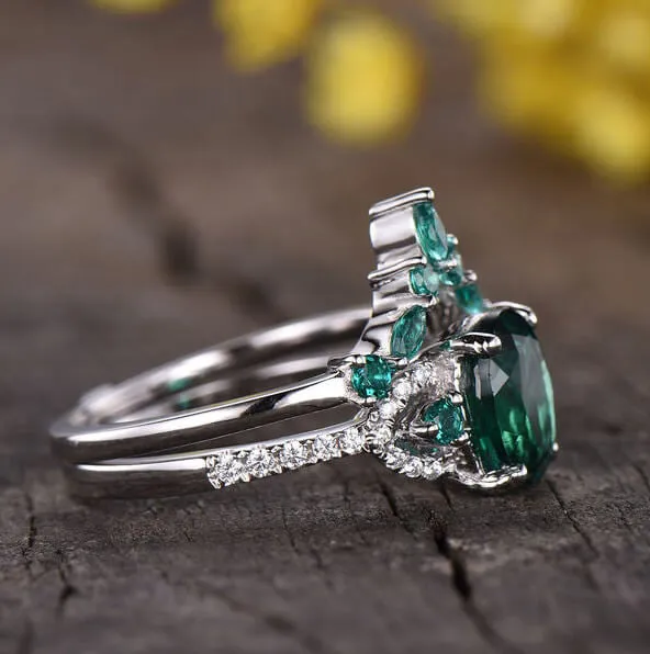 Vintage  Oval Emerald Engagement Ring White Gold Women Bridal Set 1.2 Carat