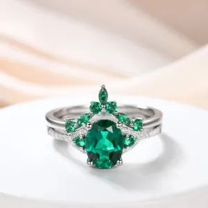 Vintage  Oval Emerald Engagement Ring White Gold Women Bridal Set 1.2 Carat