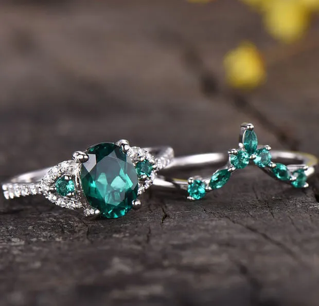 Vintage  Oval Emerald Engagement Ring White Gold Women Bridal Set 1.2 Carat
