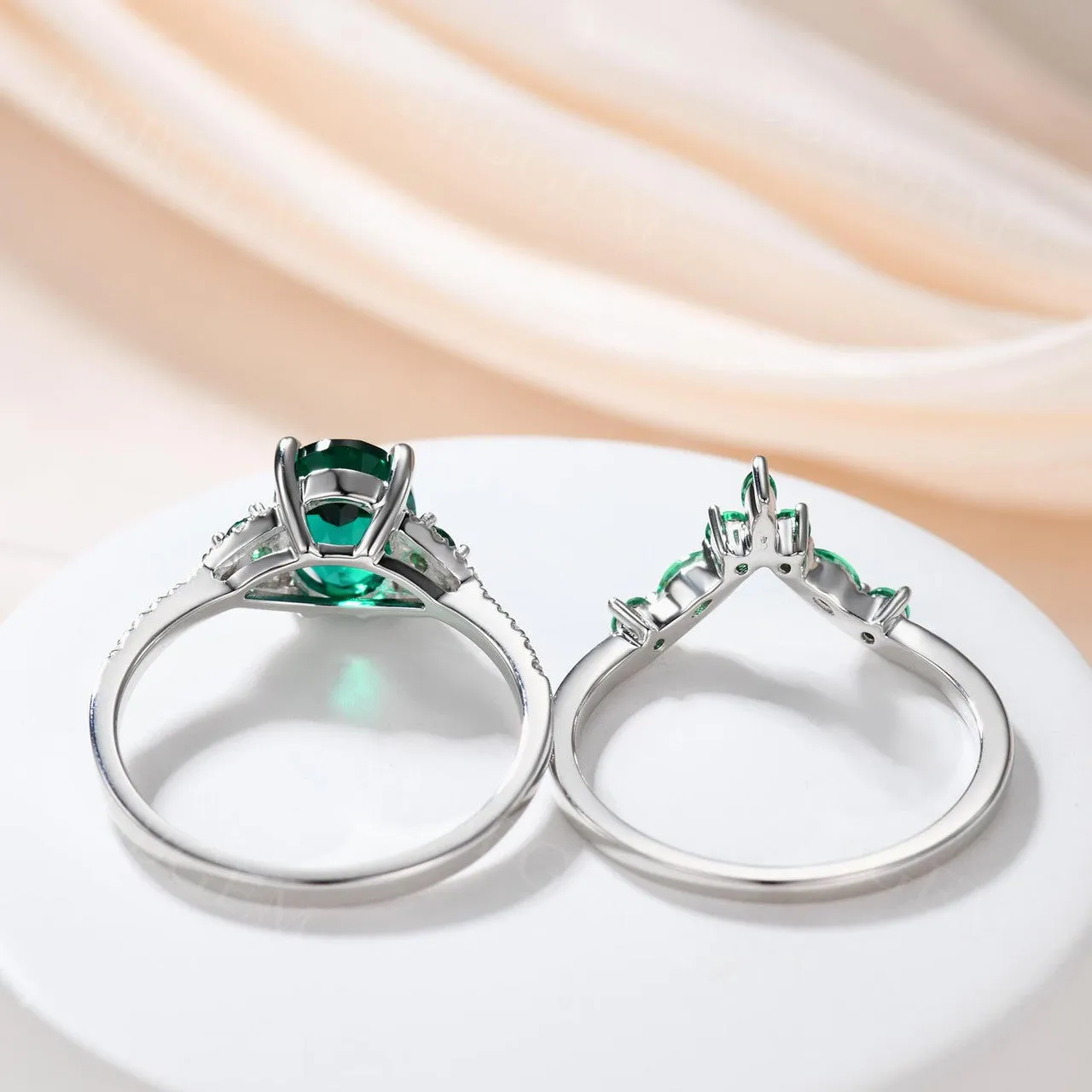 Vintage  Oval Emerald Engagement Ring White Gold Women Bridal Set 1.2 Carat