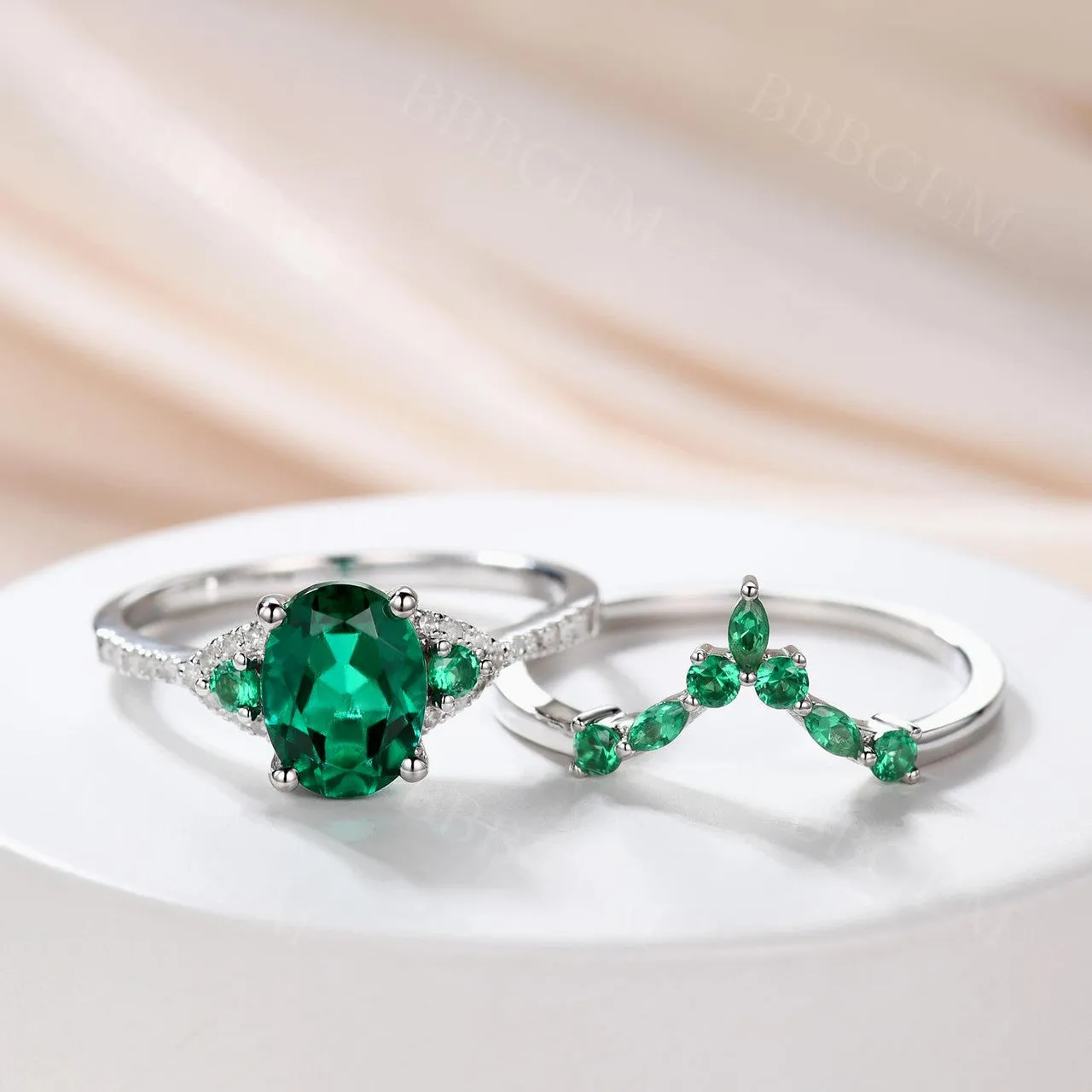 Vintage  Oval Emerald Engagement Ring White Gold Women Bridal Set 1.2 Carat