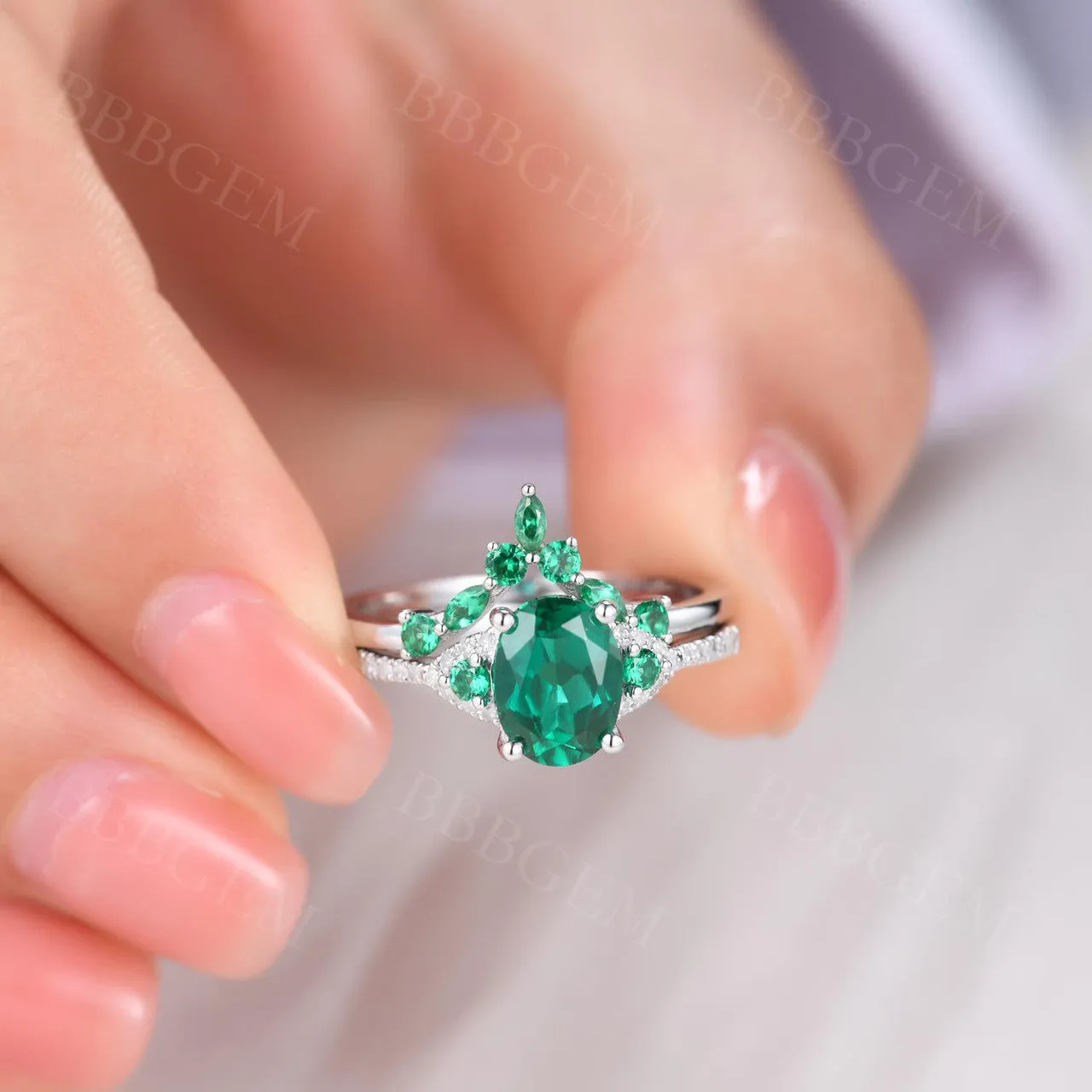 Vintage  Oval Emerald Engagement Ring White Gold Women Bridal Set 1.2 Carat