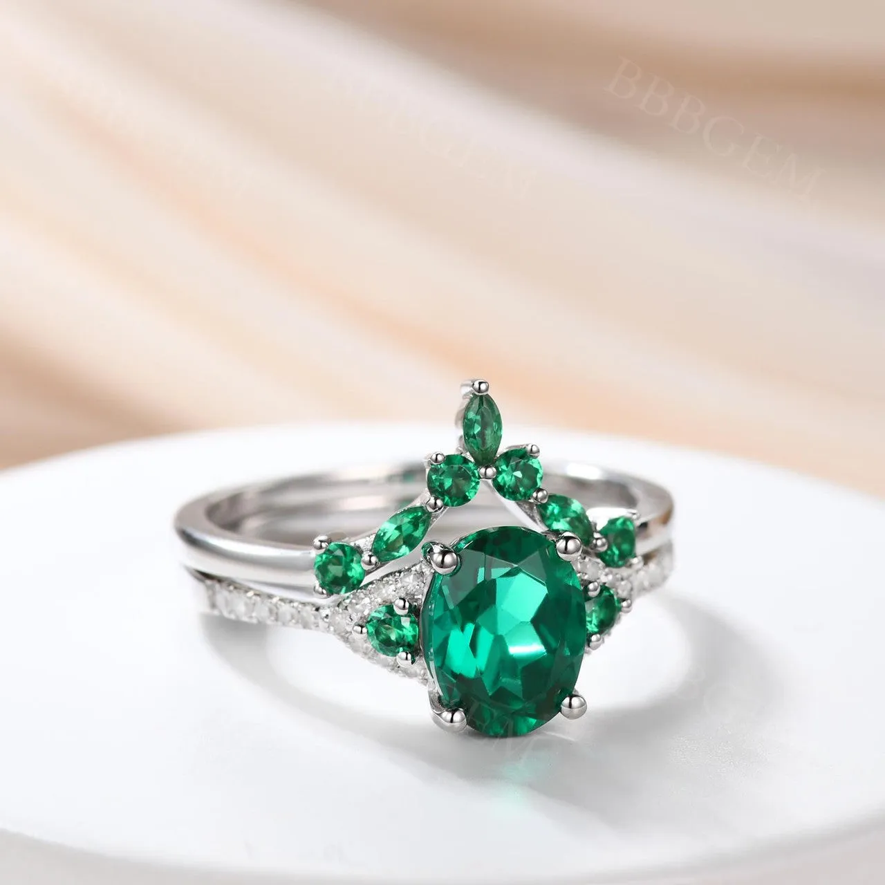 Vintage  Oval Emerald Engagement Ring White Gold Women Bridal Set 1.2 Carat