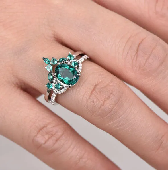 Vintage  Oval Emerald Engagement Ring White Gold Women Bridal Set 1.2 Carat
