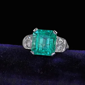 Vintage Retro Platinum Colombian Emerald and Diamond Engagement Ring - GIA